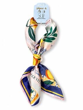 Piper-k Lemon & Leaf Satin Neck Scarf in Navy, Green and Yellow